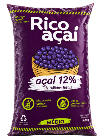 Embalagem de polpa de açaí Rico açaí, 12% de sólidos totais